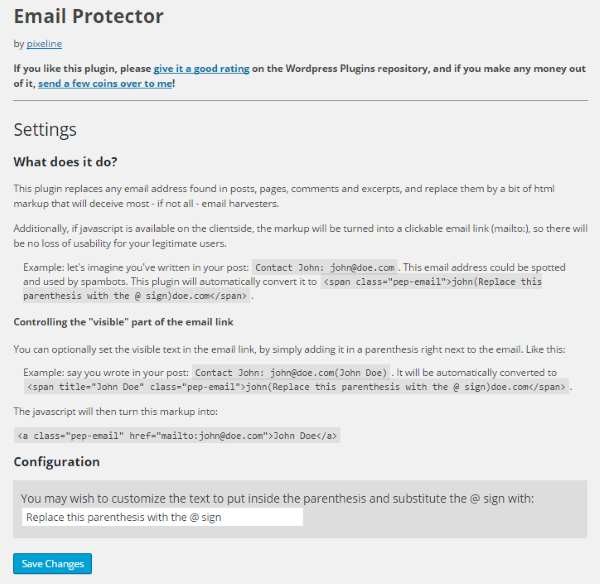 Pixeline Email Protector settings