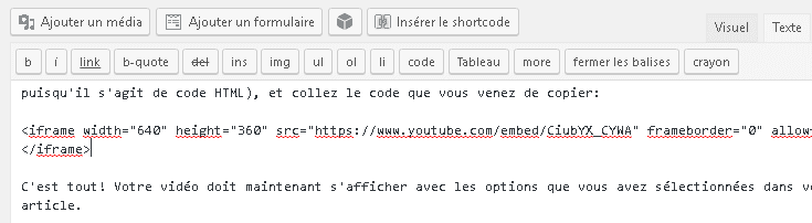 Code d'intégration de vidéos Youtube